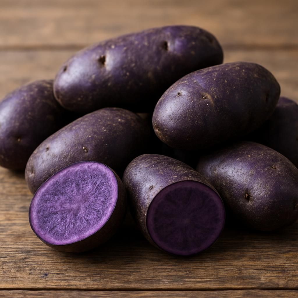 Close-up of freshly dug Purple Majesty purple-fleshed potatoes on wooden surface