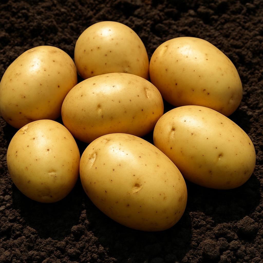 Close-up of freshly dug Ratina potatoes showing smooth yellow skin and firm waxy texture on garden soil