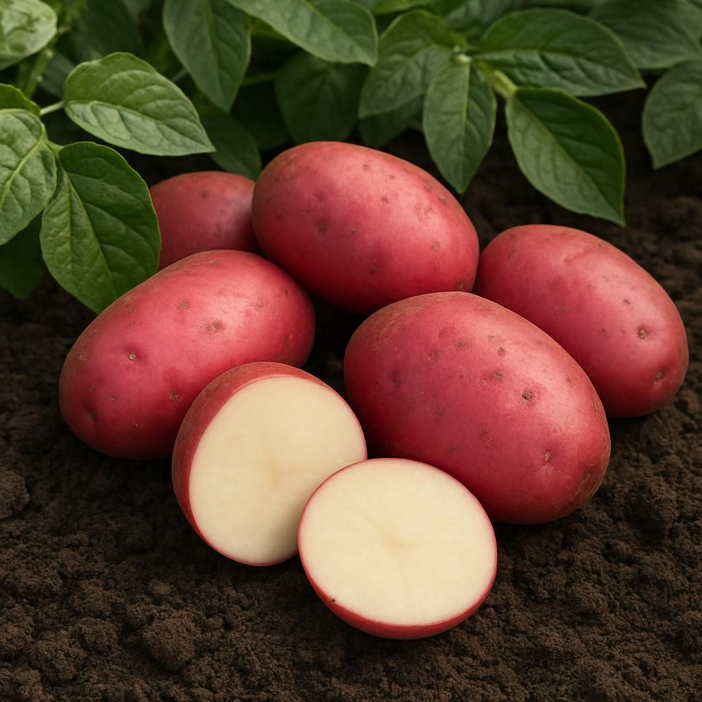 Freshly dug Red Pontiac potatoes showing smooth red skins and white flesh on garden soil