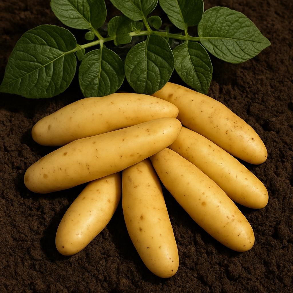Freshly harvested Russian Banana Fingerling potatoes showing long slender shape and yellow skin