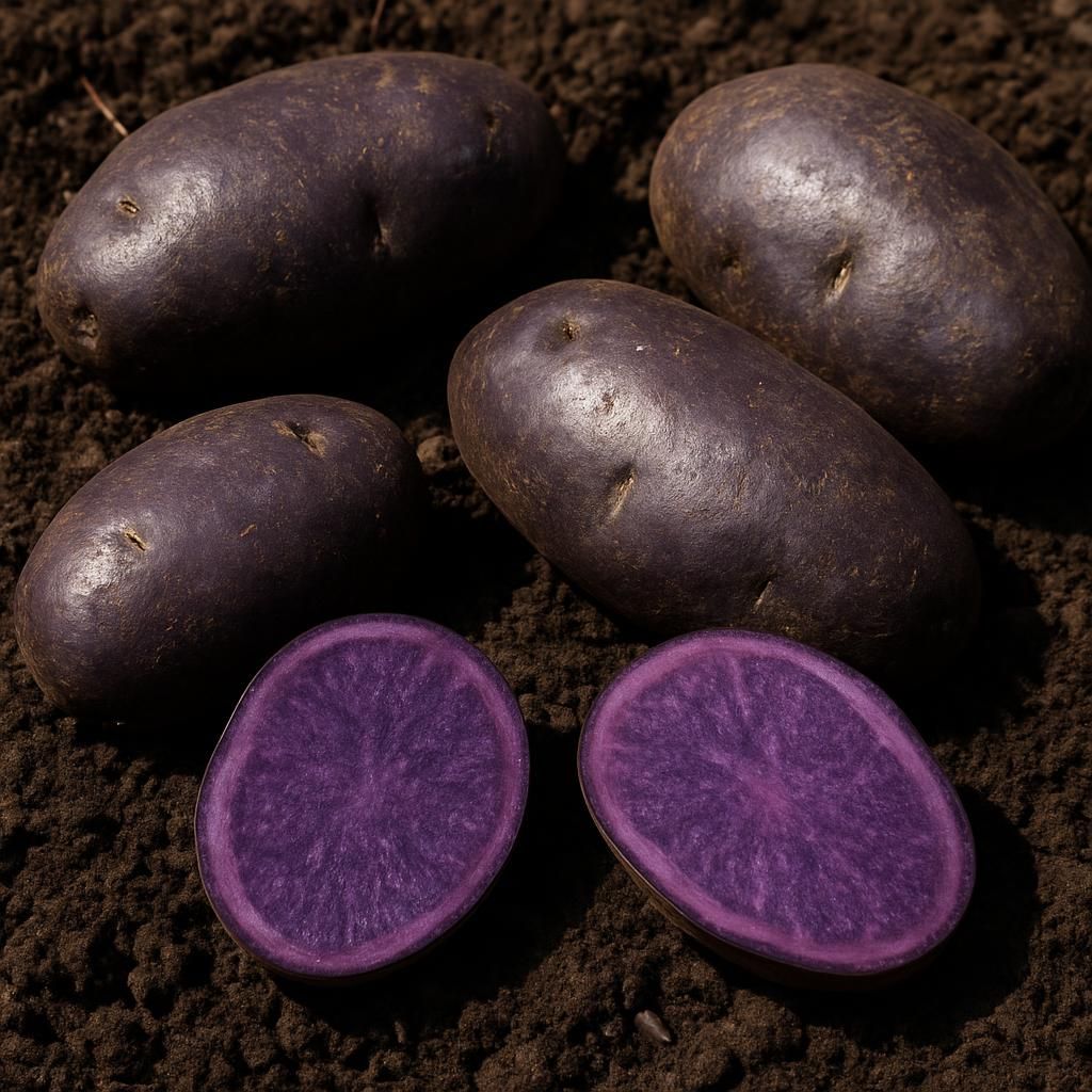 Close-up of vibrant purple Vitelotte potatoes showcasing intense color and firm texture for gourmet crop guide