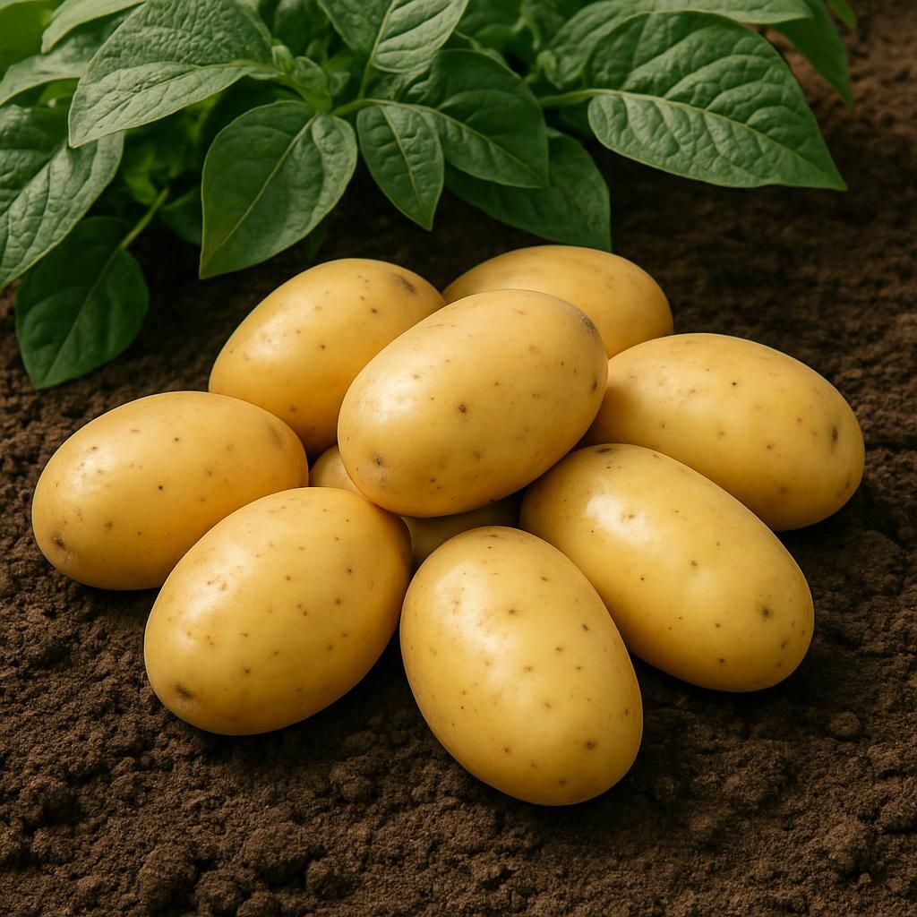 Freshly harvested Vivaldi potatoes showing smooth yellow skin and waxy texture on dark soil