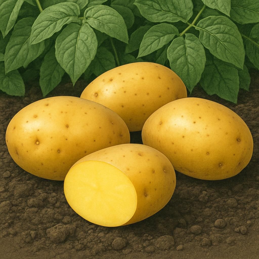 Close-up of Yukon Gold potatoes showing smooth yellow skin and vibrant flesh ready for harvest
