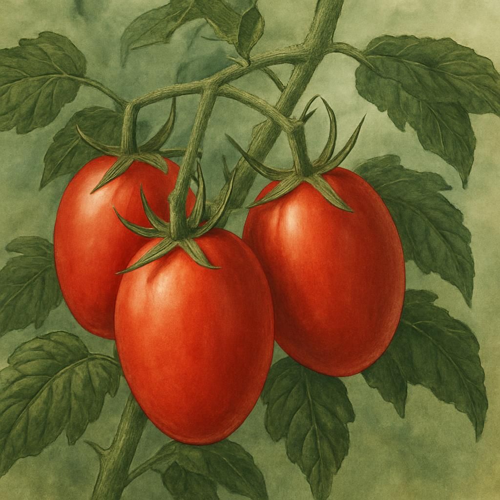 Close-up of Principe Borghese tomatoes on the vine with rich red oval fruits and lush foliage