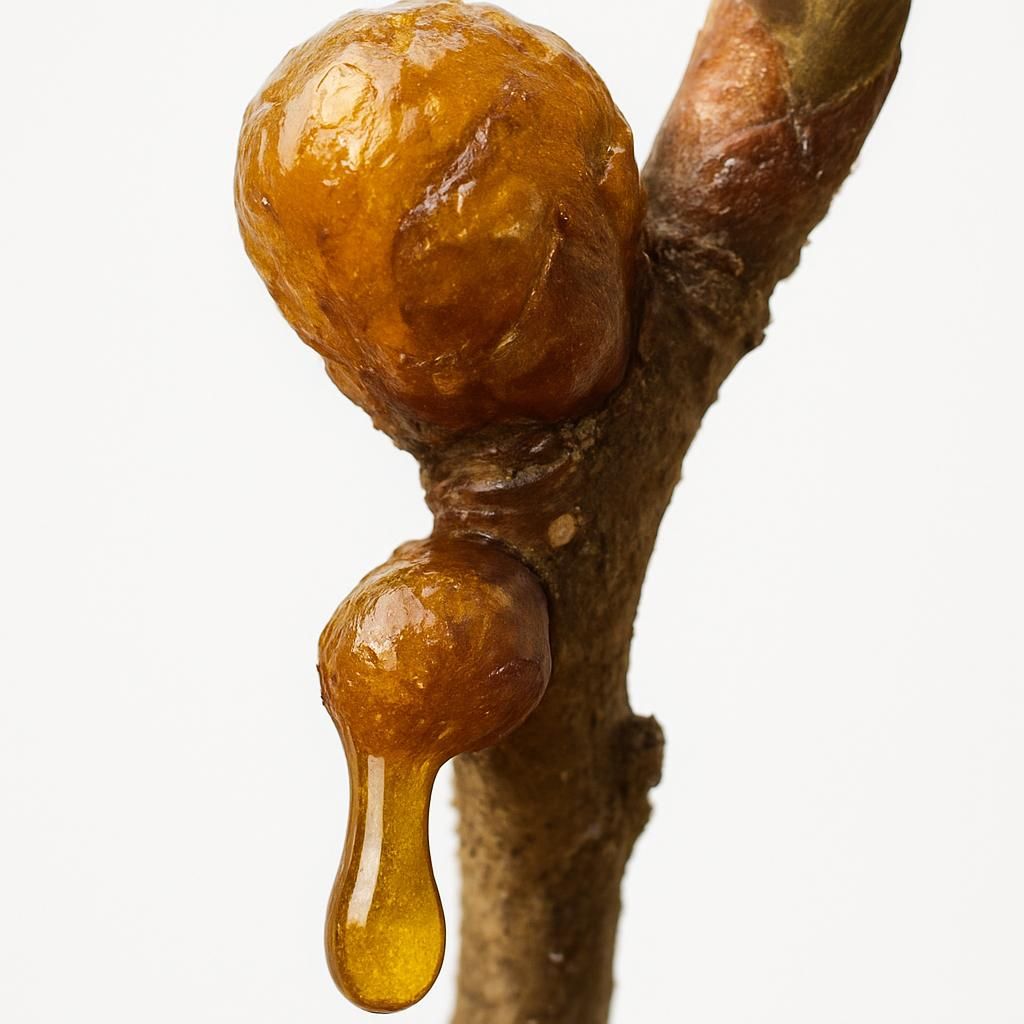 Close-up of golden Propolis Resin exudate on plant buds showing texture and color for professional agricultural guide