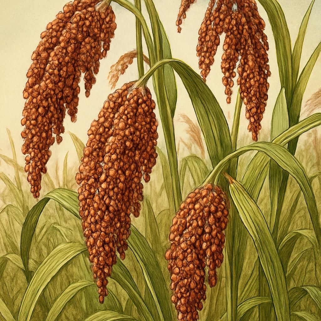 Close-up photo of Proso Millet (Red Turghai) plants with ripened seeds.