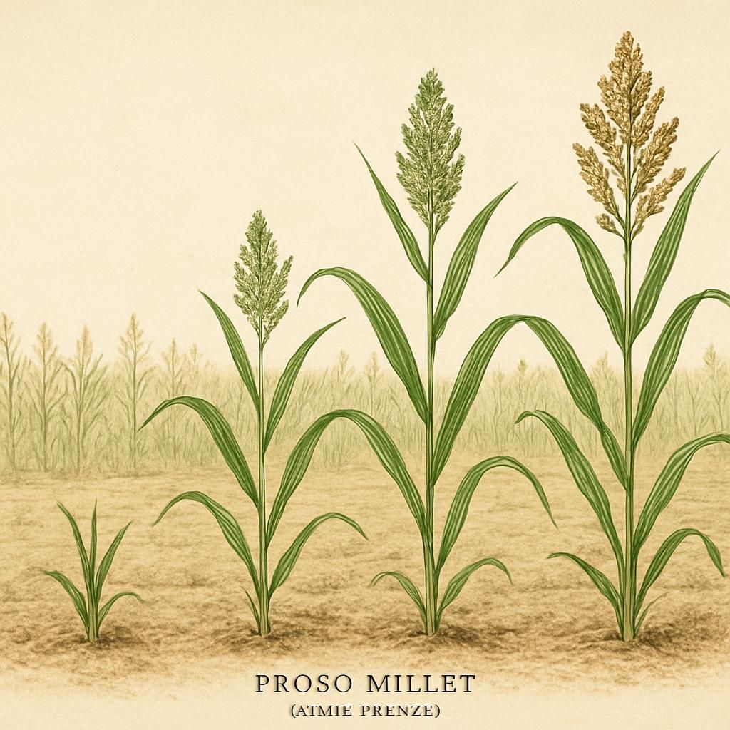 Close-up of Proso Millet (White French) growing in ideal conditions, showcasing its panicled inflorescence.
