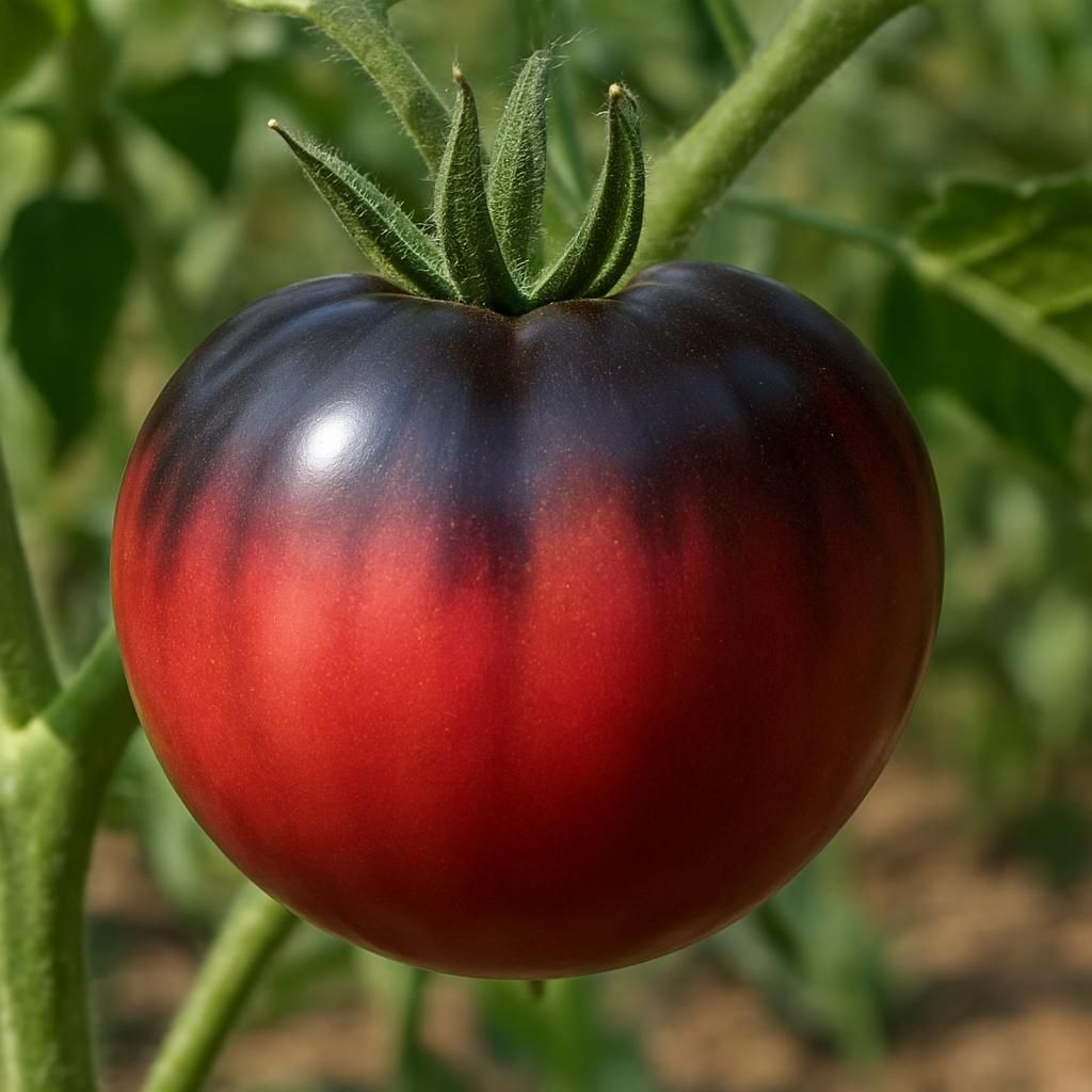 Close-up of ripe Prudens Purple Tomato showing signature purple shoulders and rich red-pink color on the vine