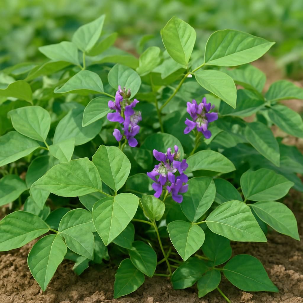Close-up of Pueraria phaseoloides vines showing trifoliate leaves and purple flowers in tropical field