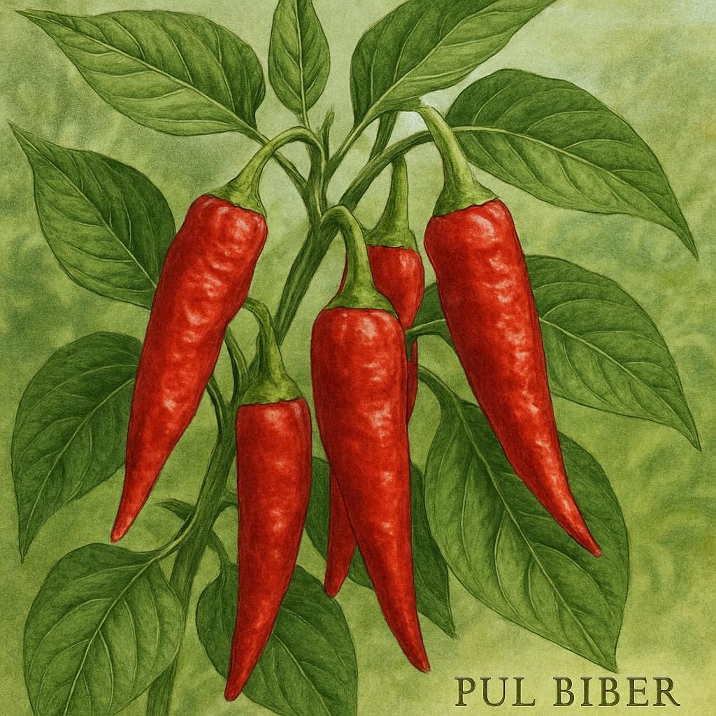Close-up of ripening Pul Biber peppers on plant with lush foliage, captured in late afternoon sunlight.