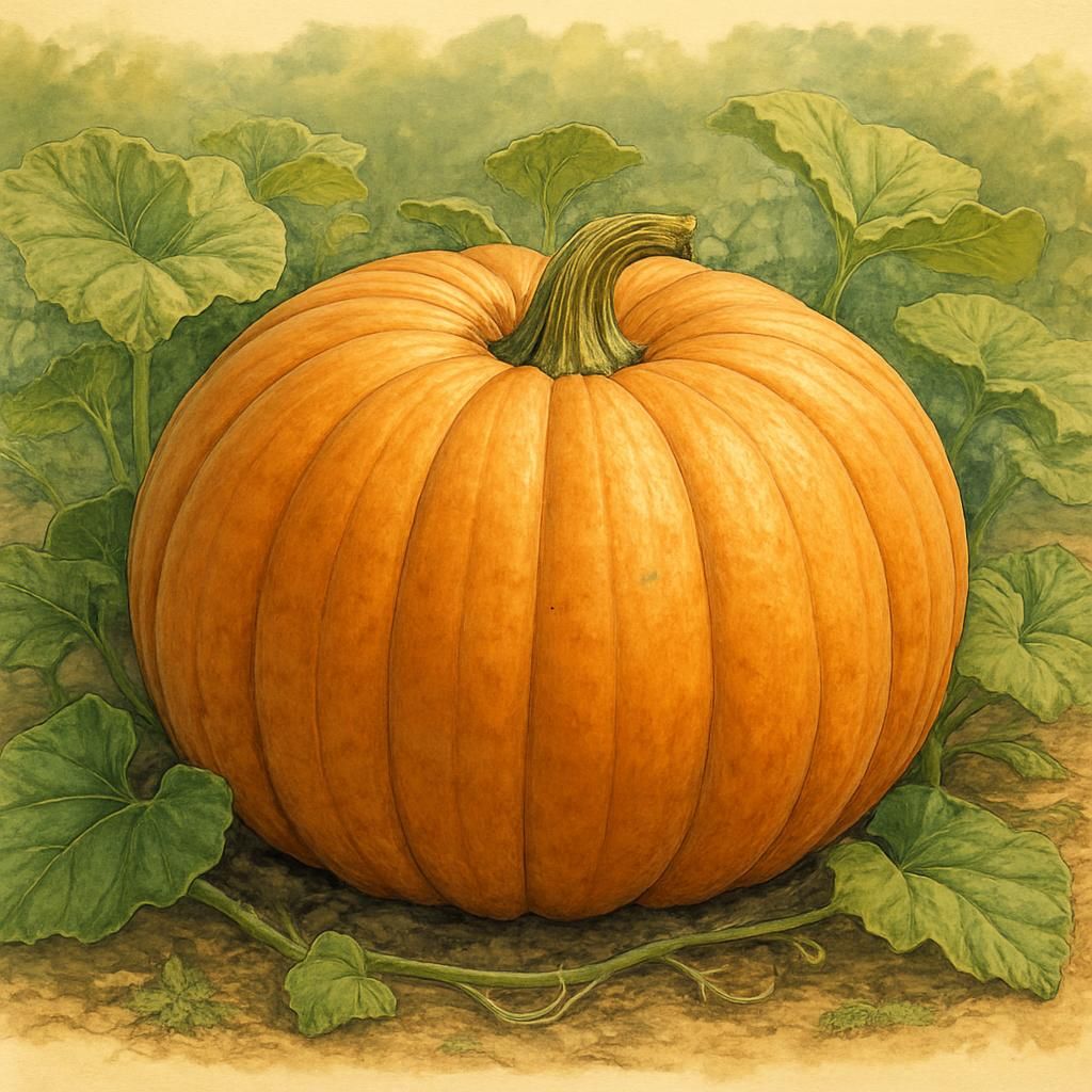 Massive Atlantic Giant Pumpkin in a vibrant green garden with sunlight streaming through.