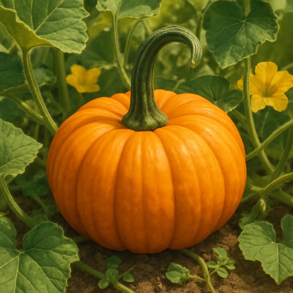 Close-up of a Jack Be Little pumpkin in a garden, displaying its vibrant orange color.