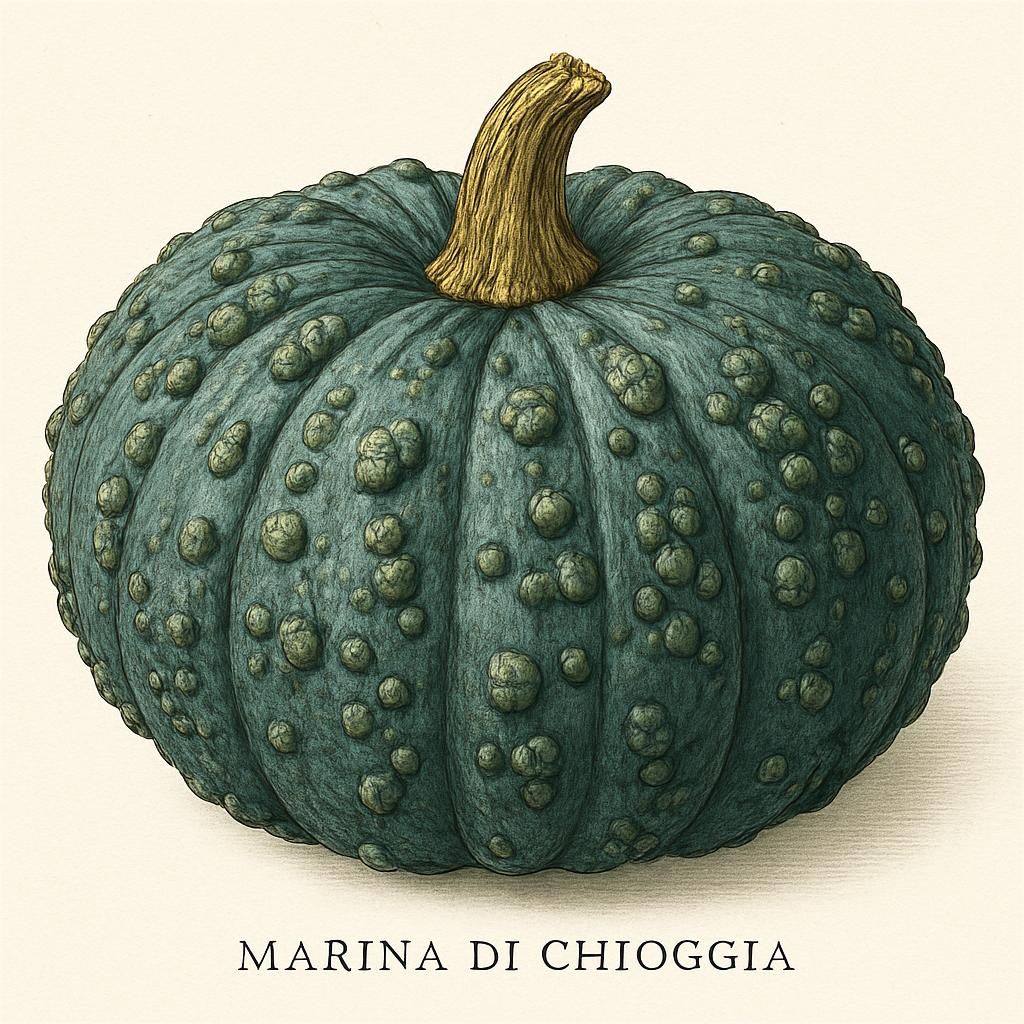 Close-up of Marina di Chioggia pumpkin with bumpy, blue-green skin.
