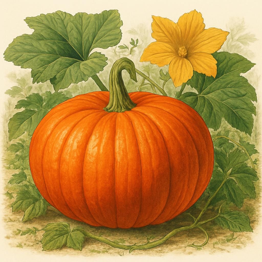 Close-up of a bright orange Rouge Vif d'Etampes pumpkin with distinctive ridges.