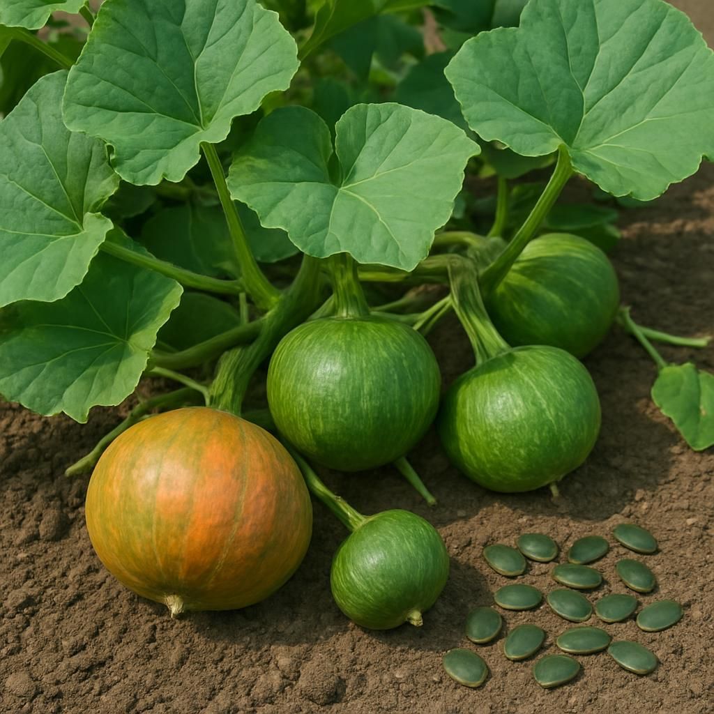 Close-up of Kakai pumpkin vine showing hull-less seeds and mature fruit ready for harvest