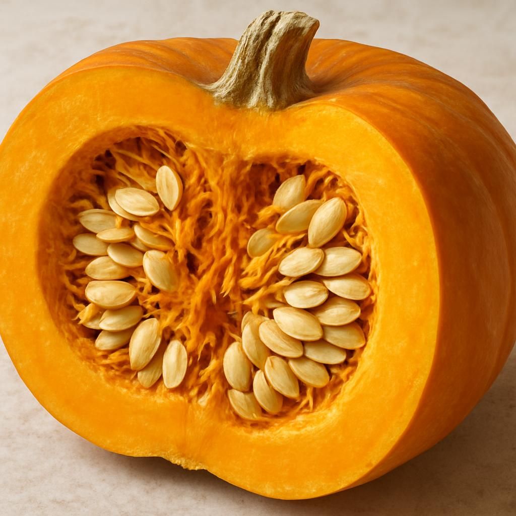 Close-up of Lady Godiva pumpkin showing hull-less edible seeds inside
