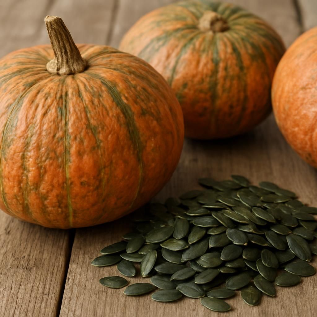 Styrian hulless pumpkin fruits and naked green seeds ready for oil extraction