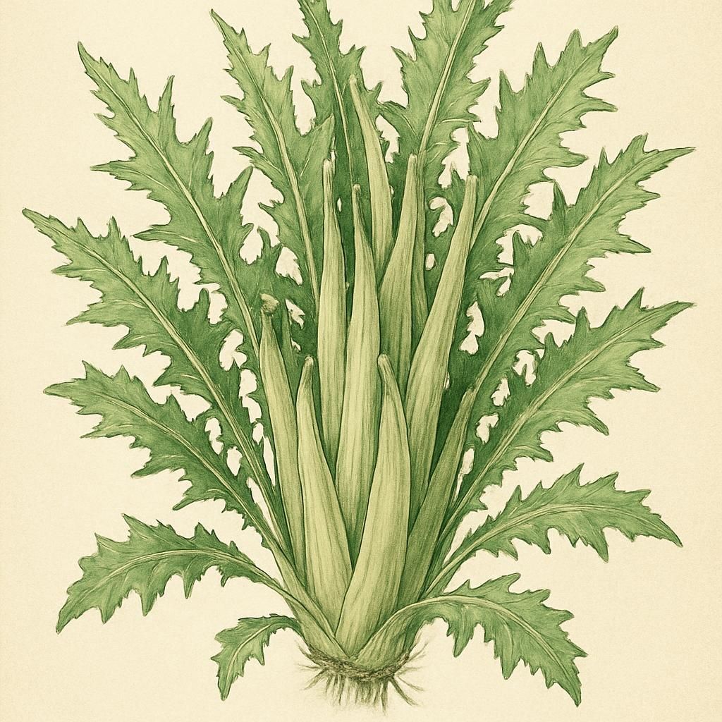 Close-up image of Puntarelle's distinctive serrated leaves and tender shoots.