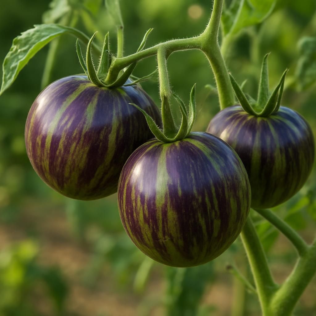 Close-up of ripe Purple Bumble Bee cherry tomatoes with purple-green stripes on the vine