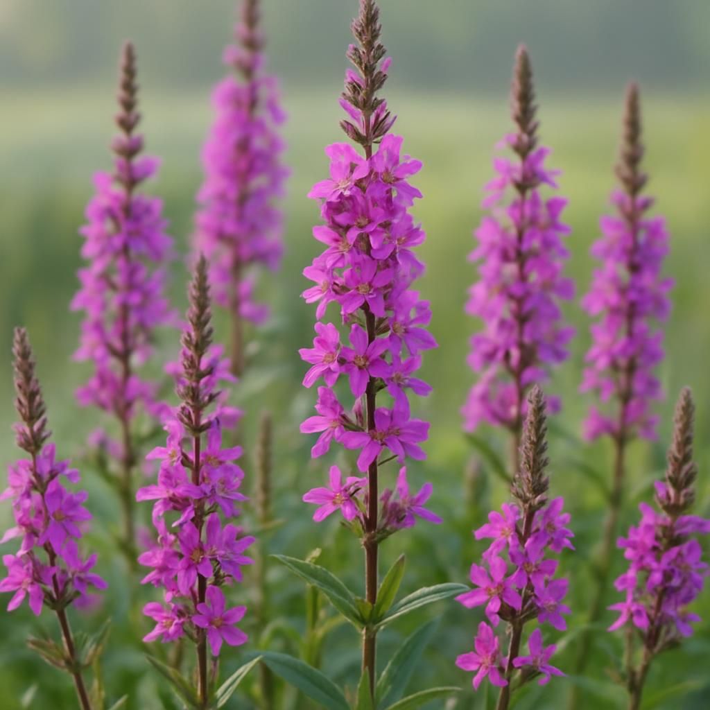 Close-up of vibrant purple loosestrife flower spikes in a contained wetland setting for professional agricultural reference.