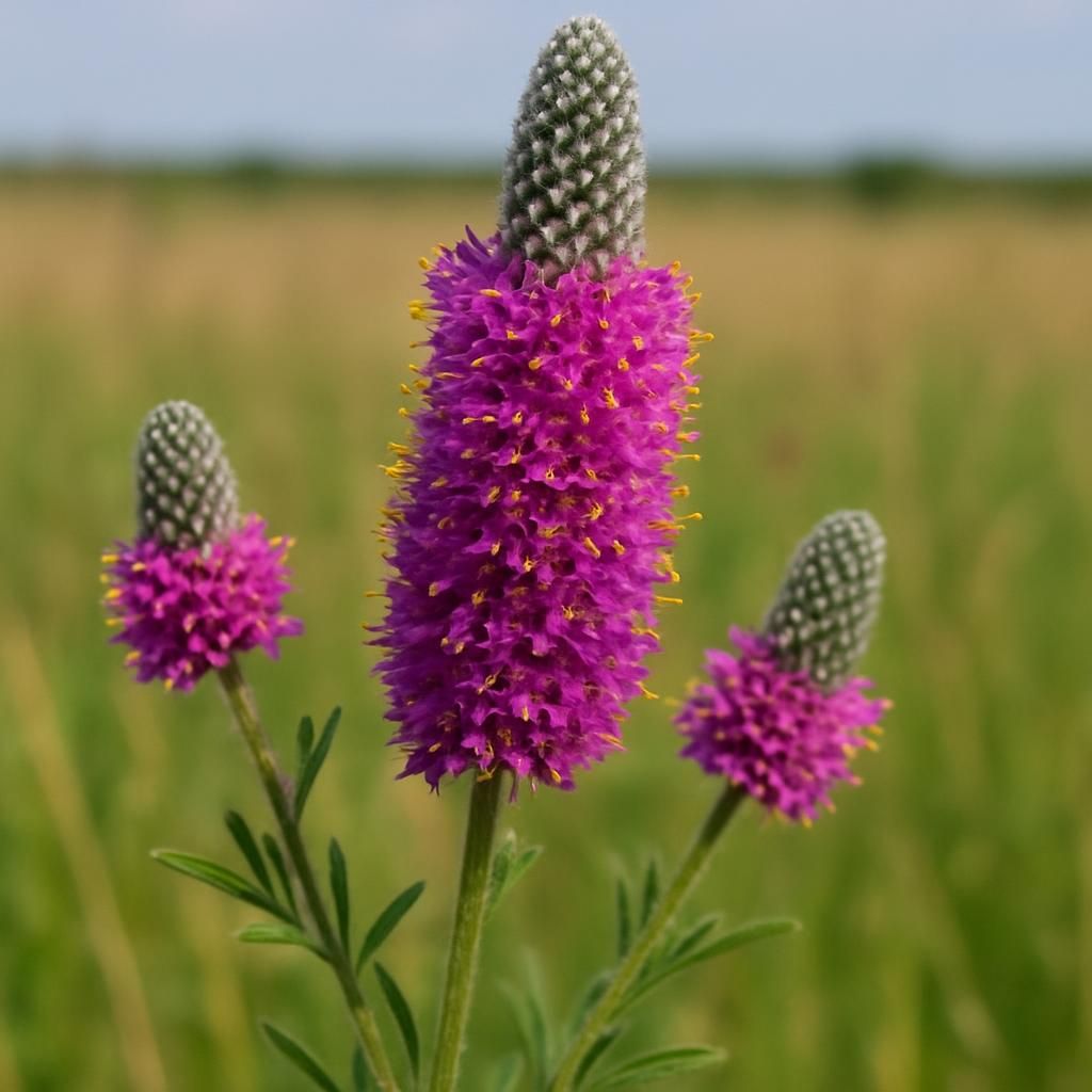Close-up of vibrant purple prairie clover flower spikes in a native prairie setting