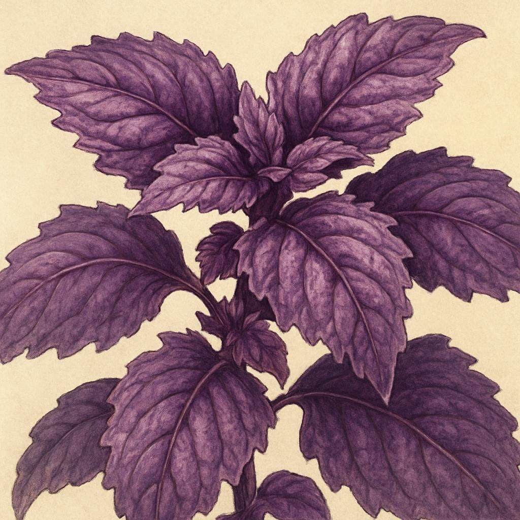 Close-up of Purple Ruffles Basil plant showing vibrant purple, ruffled leaves.