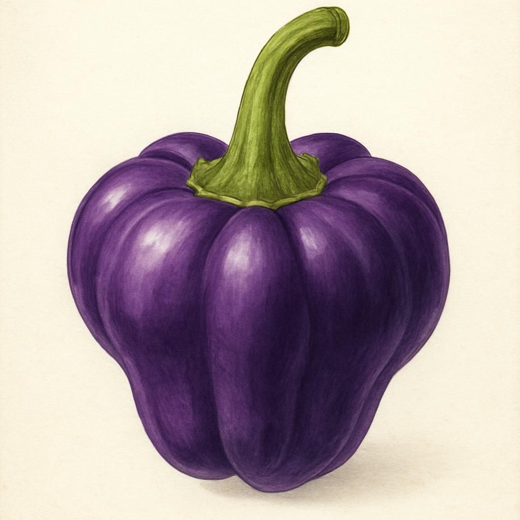 Close-up of a Purple UFO Pepper with vivid purple hue and elliptical shape on a green plant