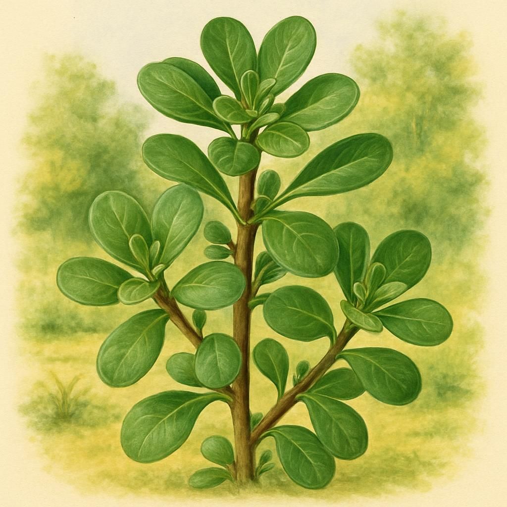 Close-up of vibrant green Purslane leaves, illustrating its lush and succulent nature.