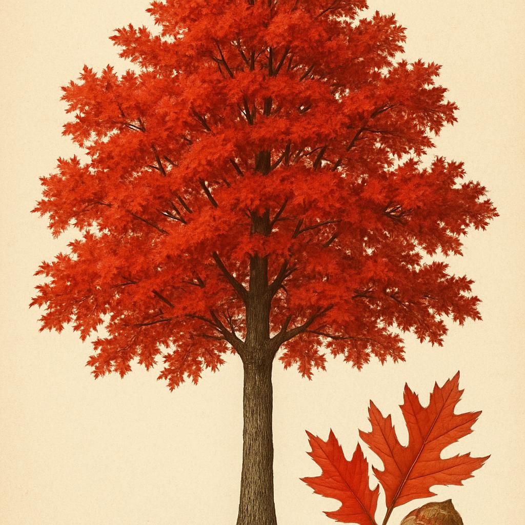 Mature Quercus rubra northern red oak with red fall leaves and acorns in professional agricultural setting