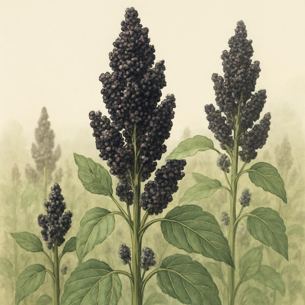 Close-up of Black Altiplano Quinoa plants with dark seeds in an Andean field.