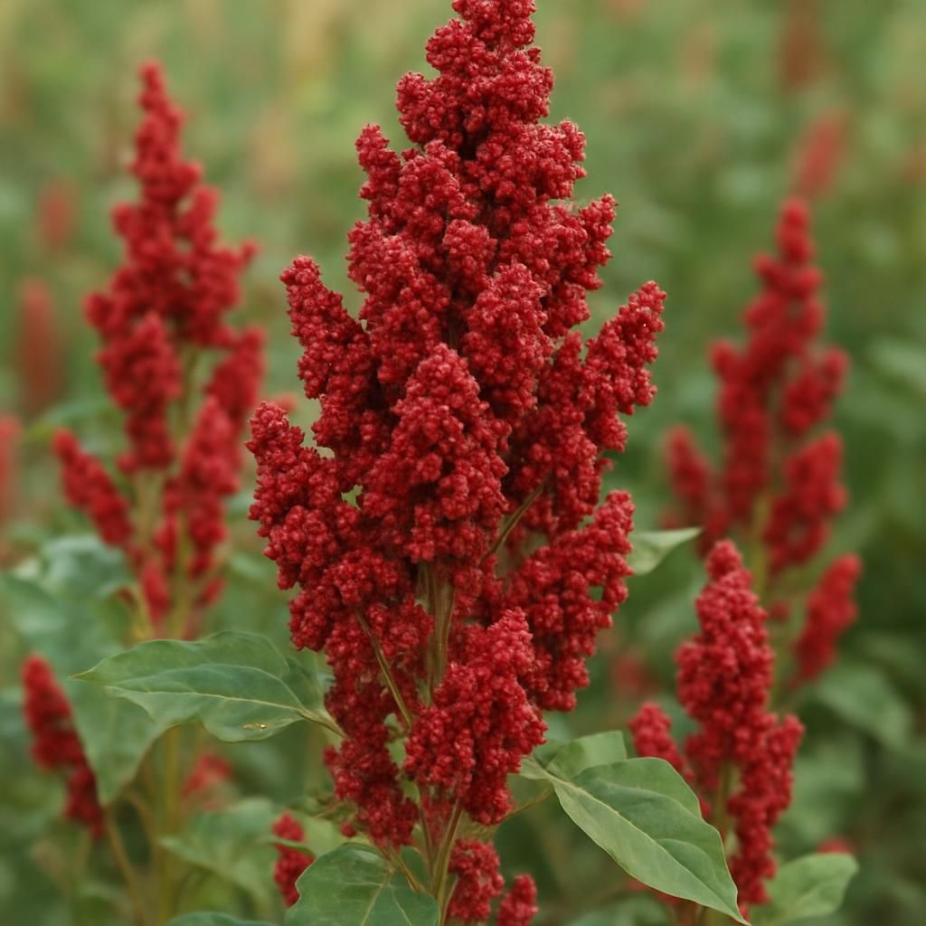 Close-up of Red Pasankalla Quinoa, showcasing its distinct red seeds and broad leaves.