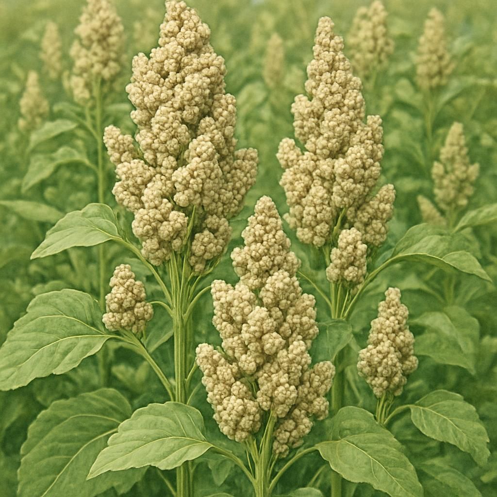 Close-up of Quinoa (Royal White) seed heads with golden brown stalks against a green field.
