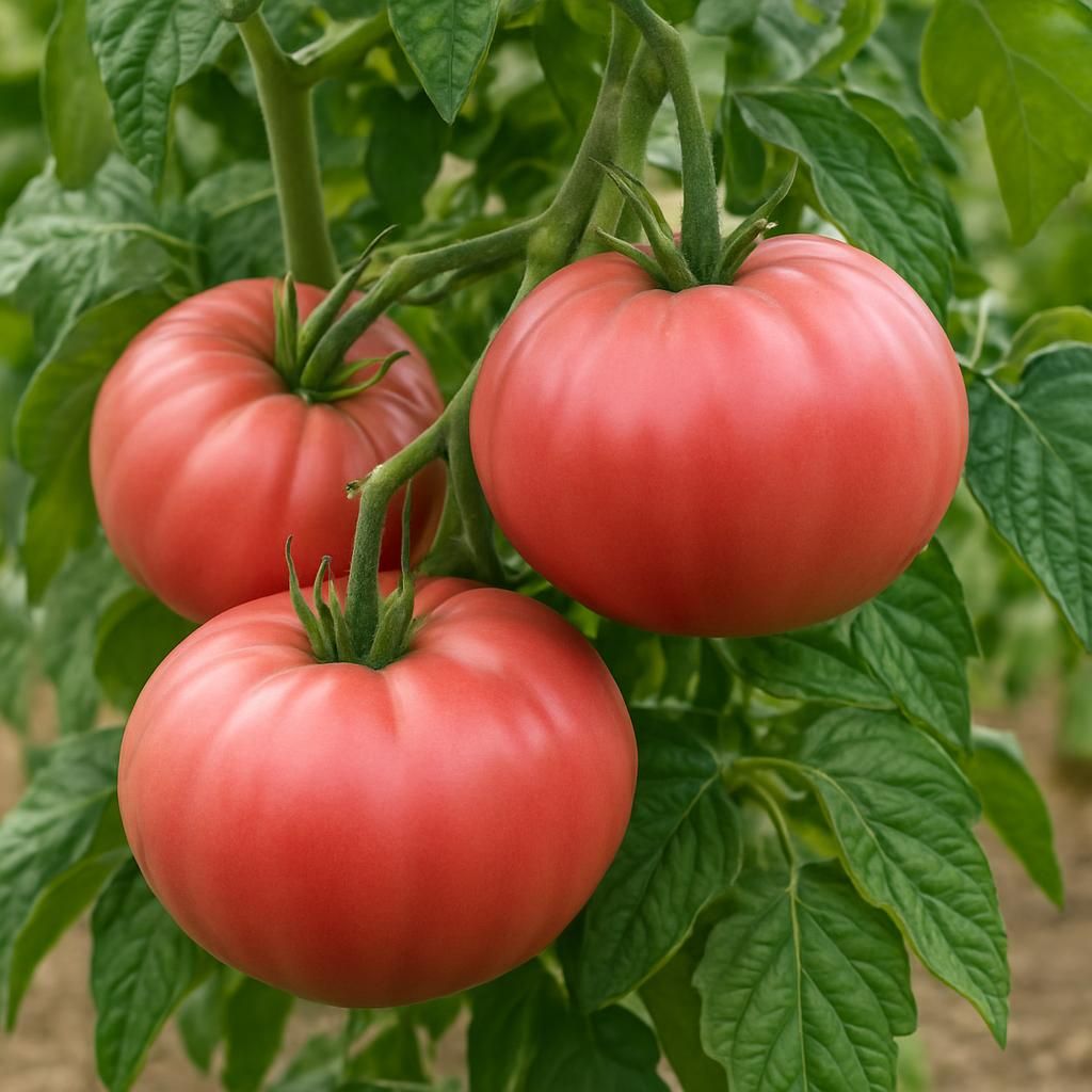 Close-up of massive pink Radiator Charlie's Mortgage Lifter heirloom tomatoes growing on healthy vines