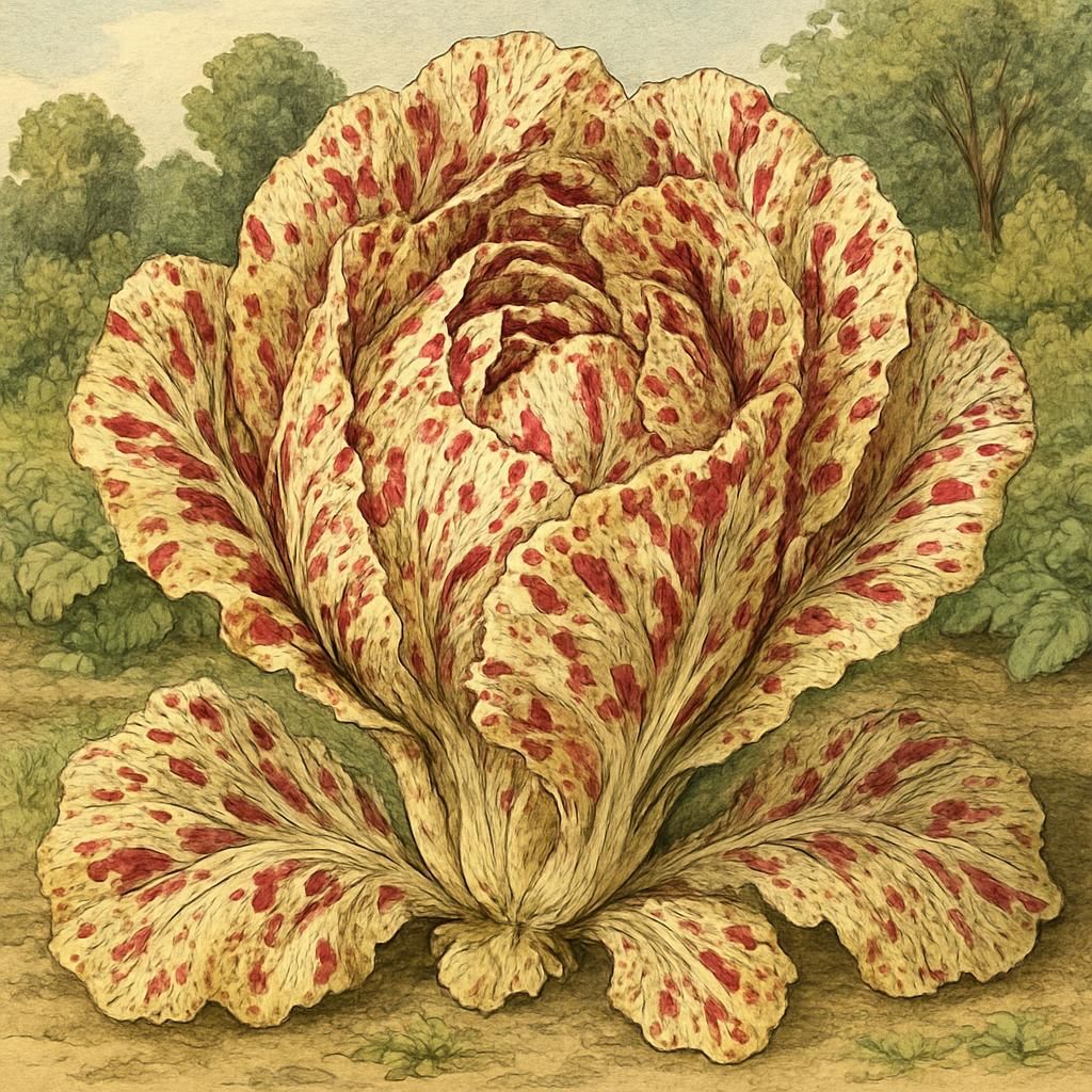 Close-up of Castelfranco Radicchio showcasing creamy and red variegated leaves.