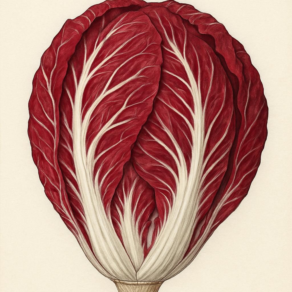 Close-up of Radicchio (Chioggia) showcasing its vibrant red and white veined foliage.