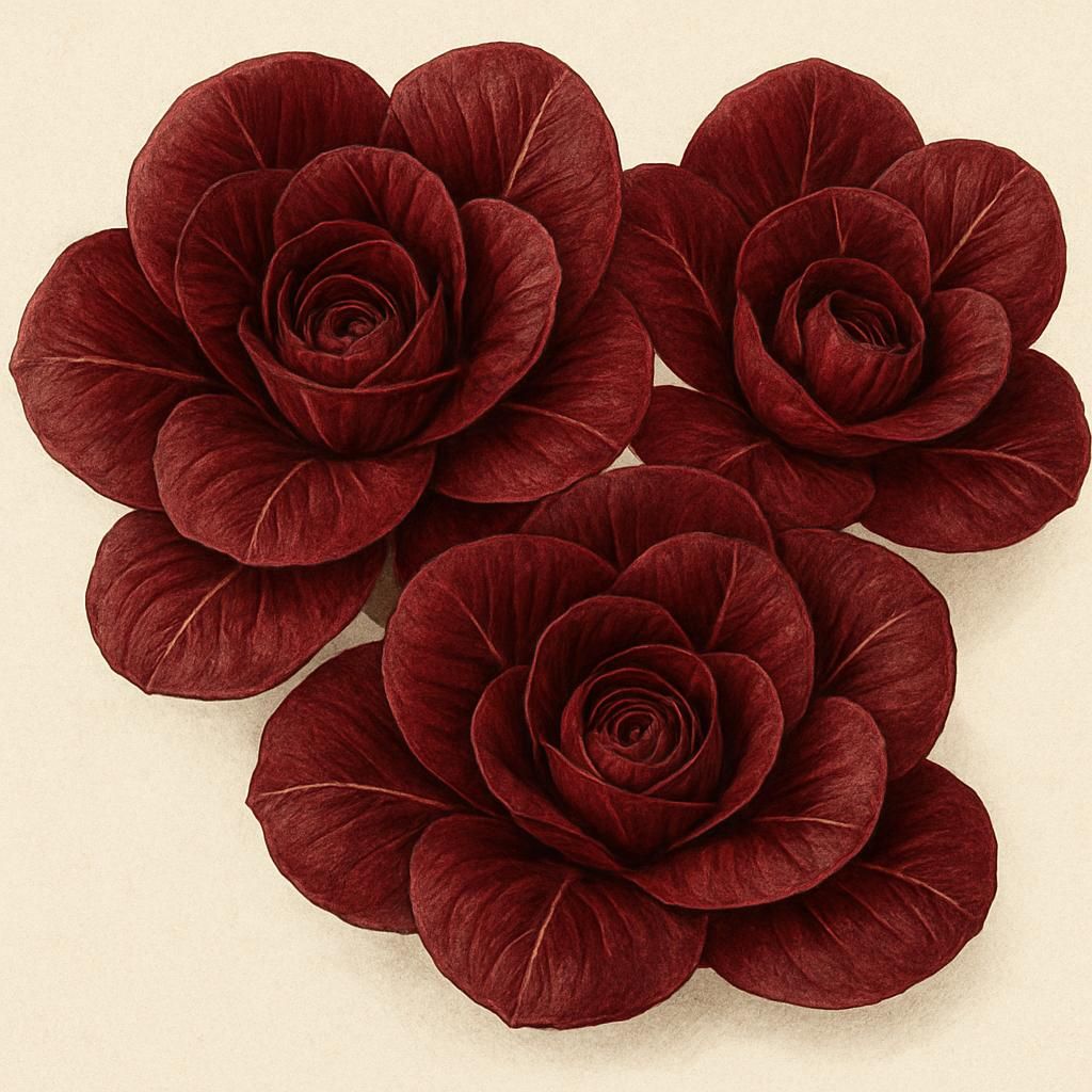 Close-up of vibrant red Radicchio Grumolo rosettes in a garden setting.