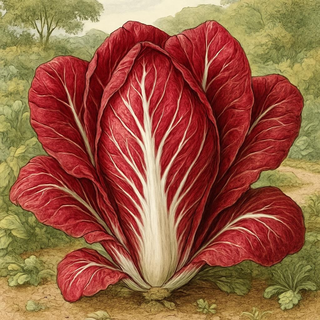 A close-up of vibrant Radicchio (Treviso) with deep red and white-veined leaves in a garden setting.