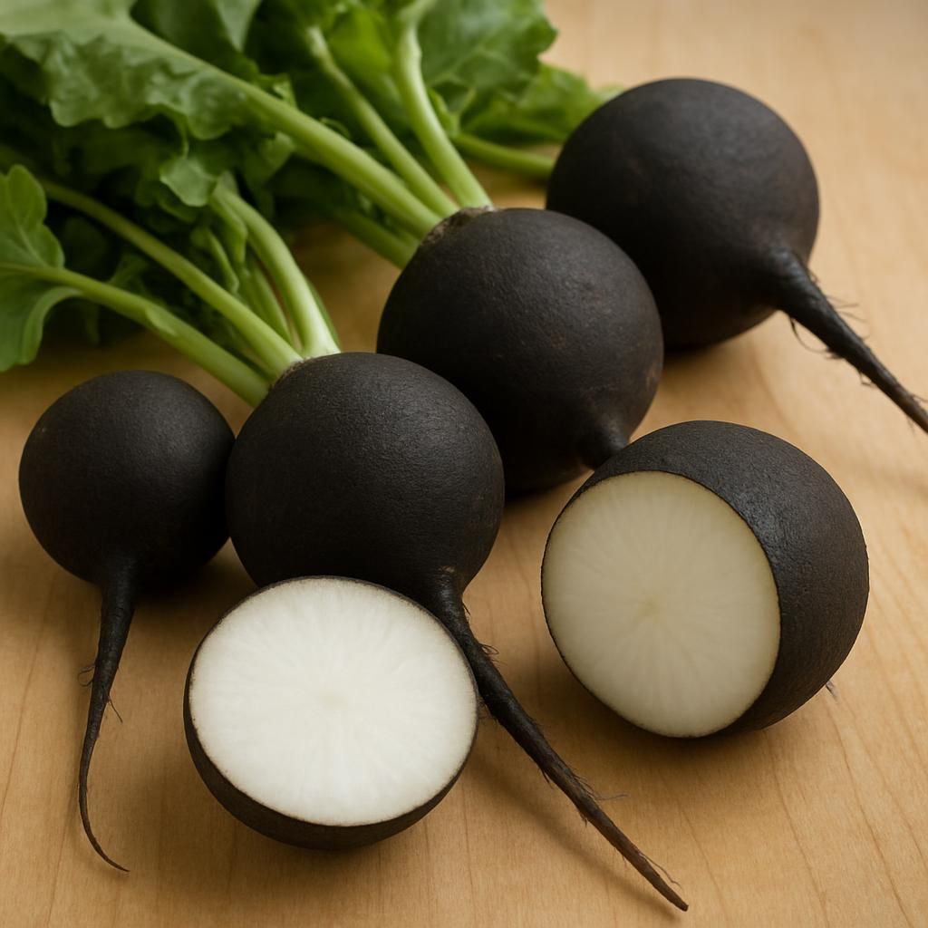 Close-up of Black Spanish Round radishes with black skin and white flesh ready for harvest