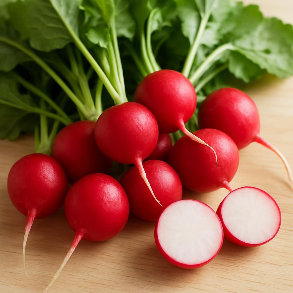 Freshly harvested Cherry Belle radishes showing bright red skin and crisp white flesh on wooden surface