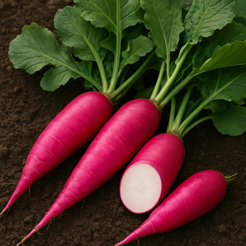 China Rose radishes with pink roots and green tops on soil