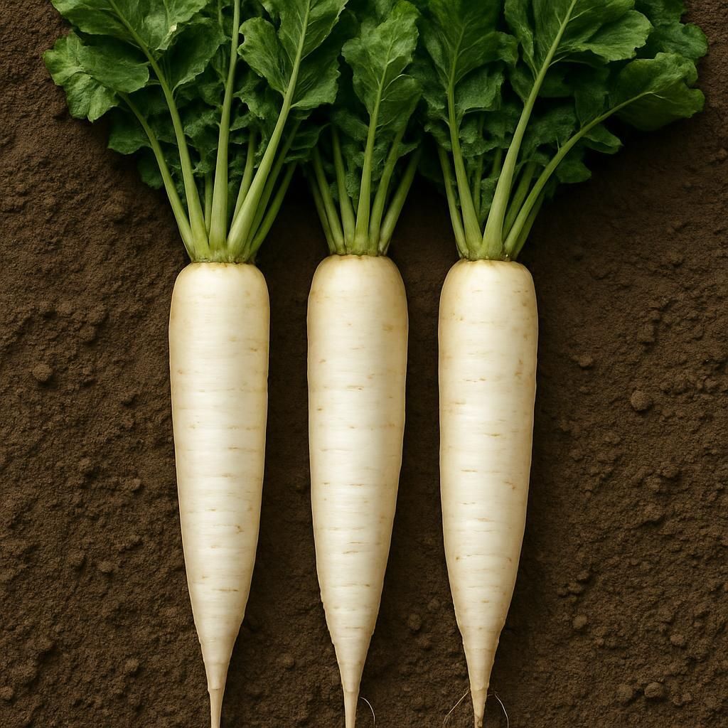 Freshly harvested long white Minowase daikon radishes with crisp texture and green tops on clean soil