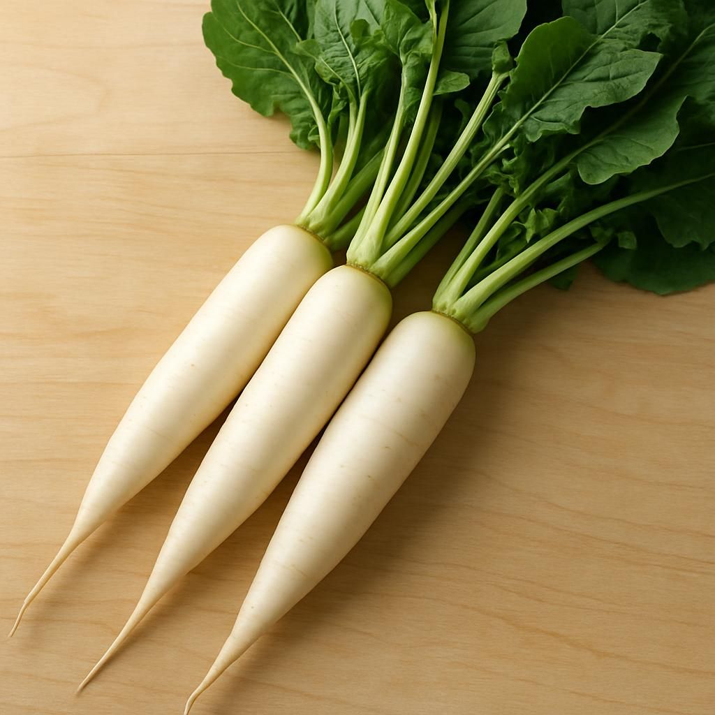 Freshly harvested Miyashige daikon radish roots showing long white cylindrical shape and crisp texture for professional growing guide