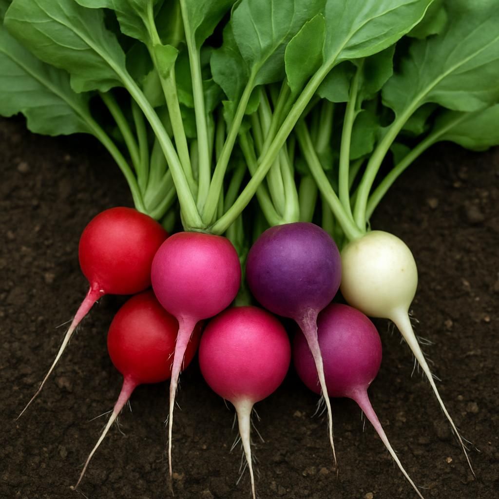Colorful Easter Egg radishes freshly pulled from garden soil with leafy tops