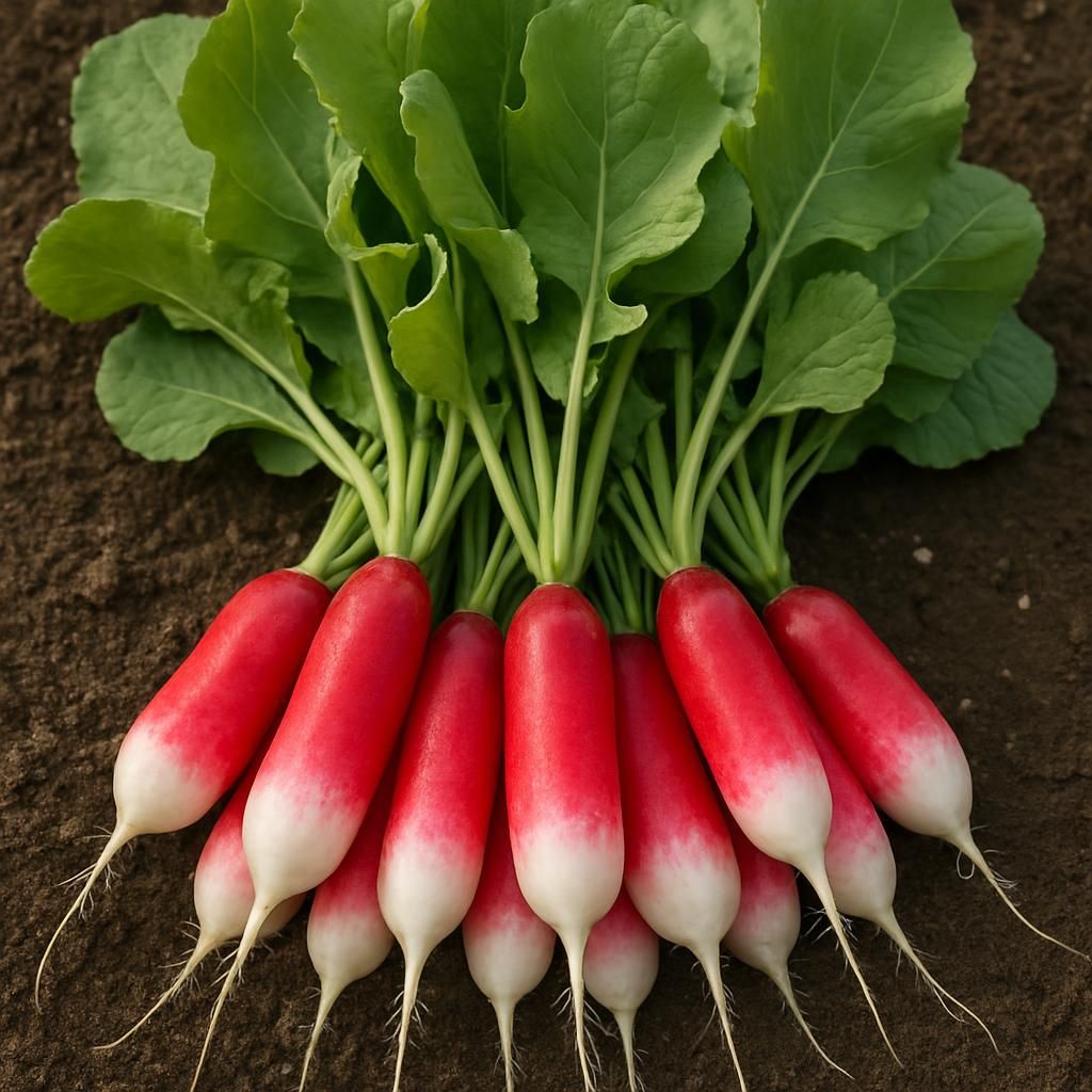 Freshly harvested French Breakfast radishes showing classic red and white elongated roots with green tops