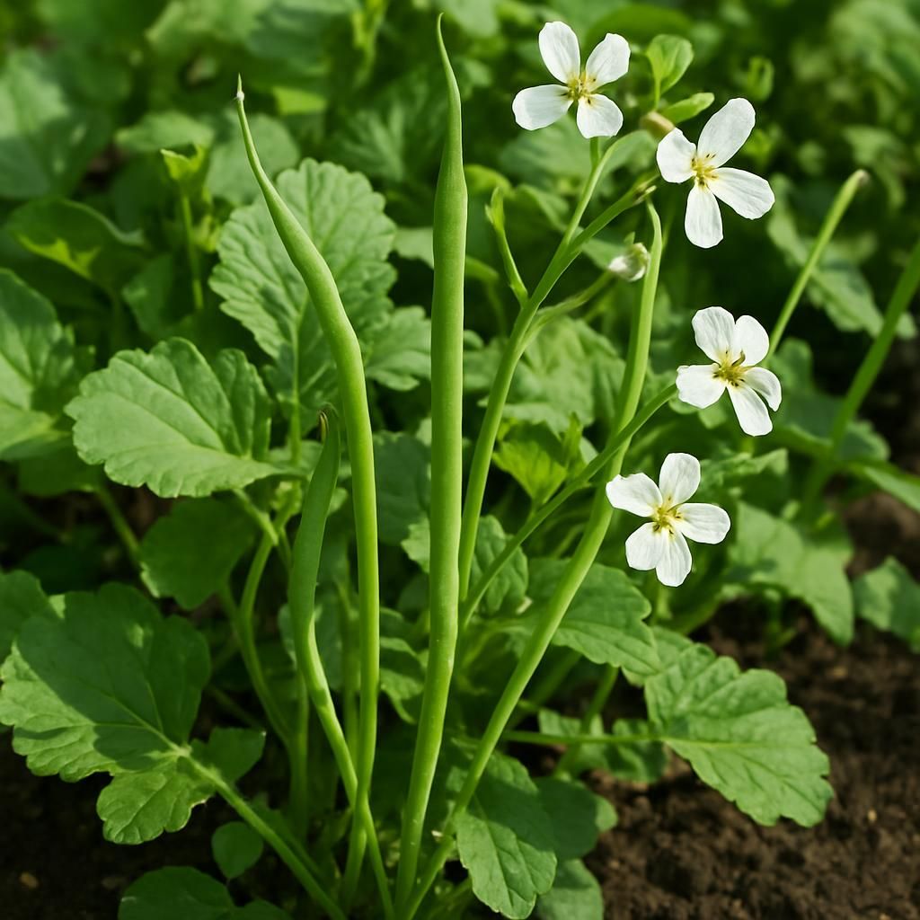 Close-up of rat-tailed radish plants showing long edible pods and flowers for professional growing guide