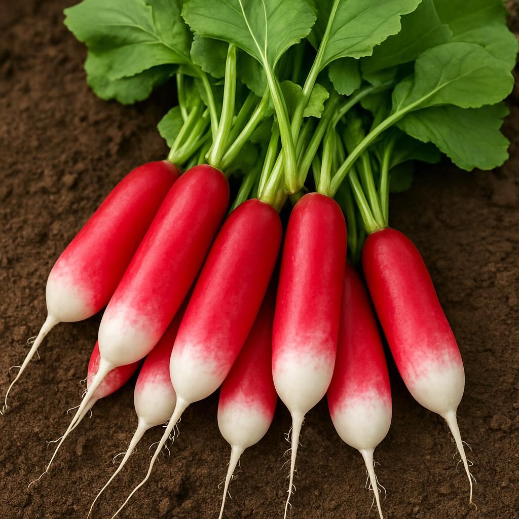 Close-up of Sparkler White Tip radishes showing scarlet and white roots ready for harvest