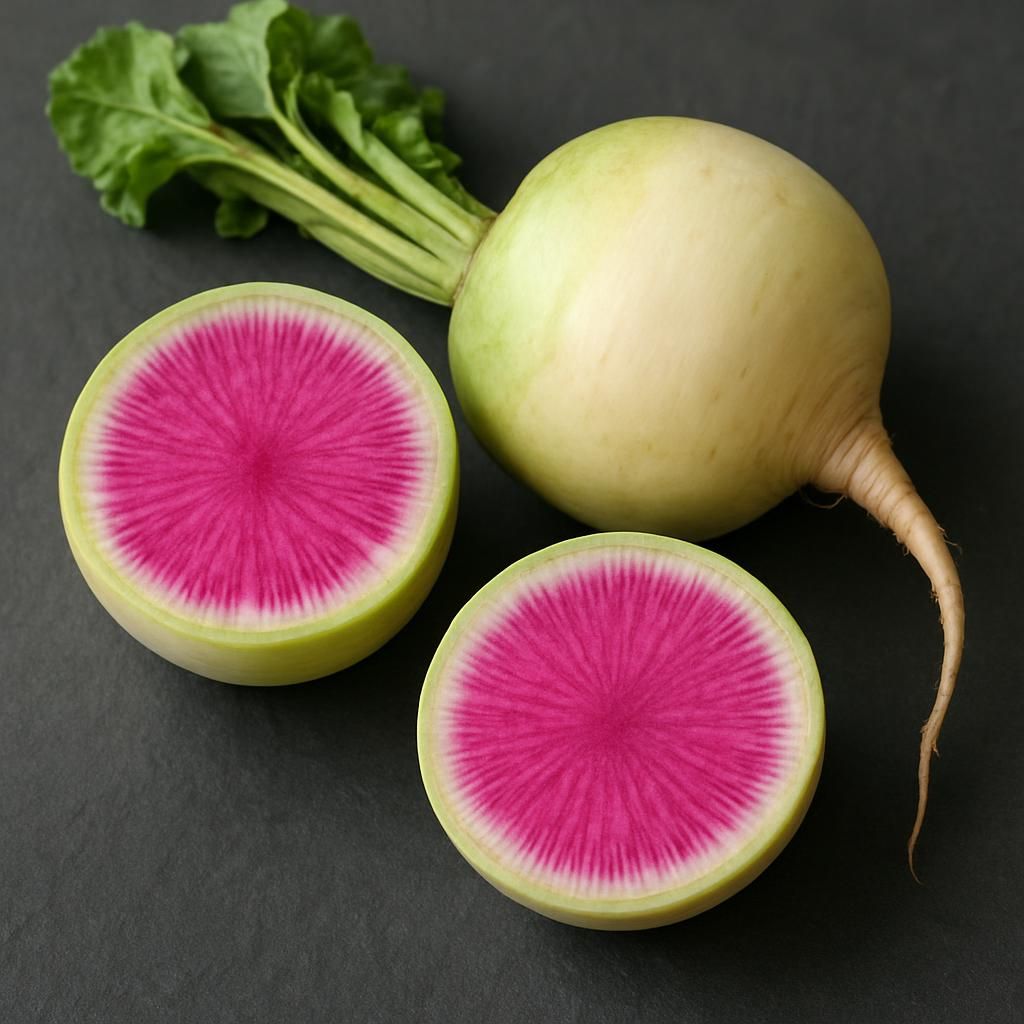Sliced Watermelon radish Mantanghong showing magenta interior and pale green skin on slate surface