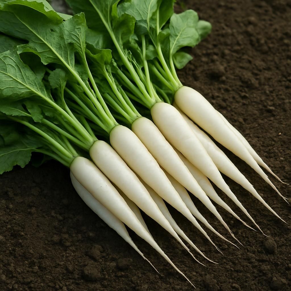 Freshly harvested White Icicle radishes showing long white roots and green tops on soil
