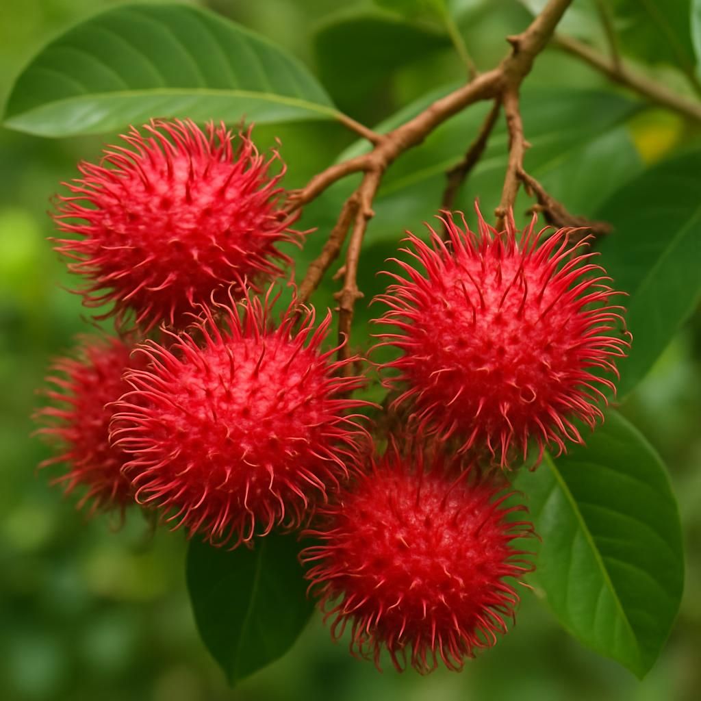 Close-up of ripe red rambutan fruit clusters on tree with spiny skin and glossy leaves