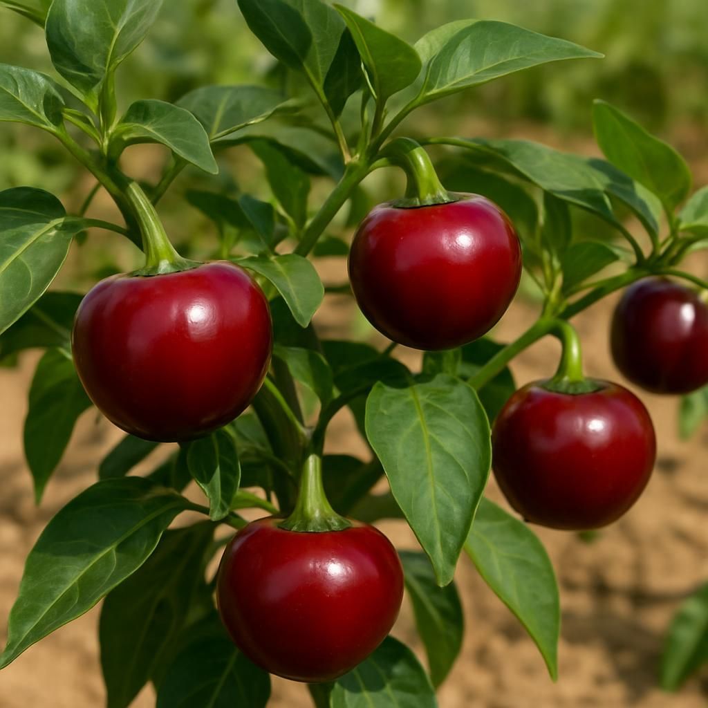 Close-up of glossy red Ramnad Mundu Chili pods on the plant showing thick walls and intense color
